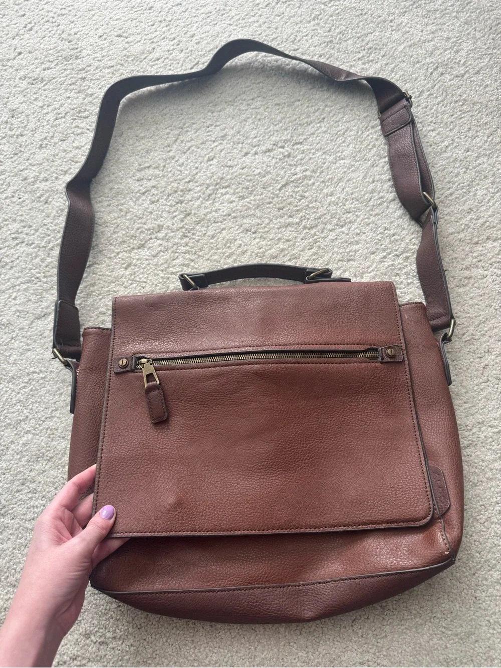 ALDO Men's Dark Brown Leather Messenger Bag with Adjustable Strap